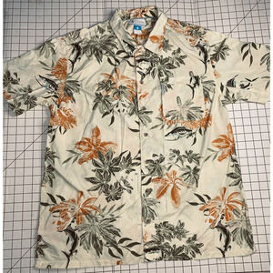 Large Columbia Shirt Mens Yellow Orange Aloha Hawaiian Print Short Sleeve Cotton
